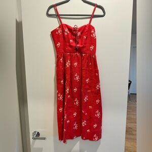 Reformation red midi dress with tie up front detail